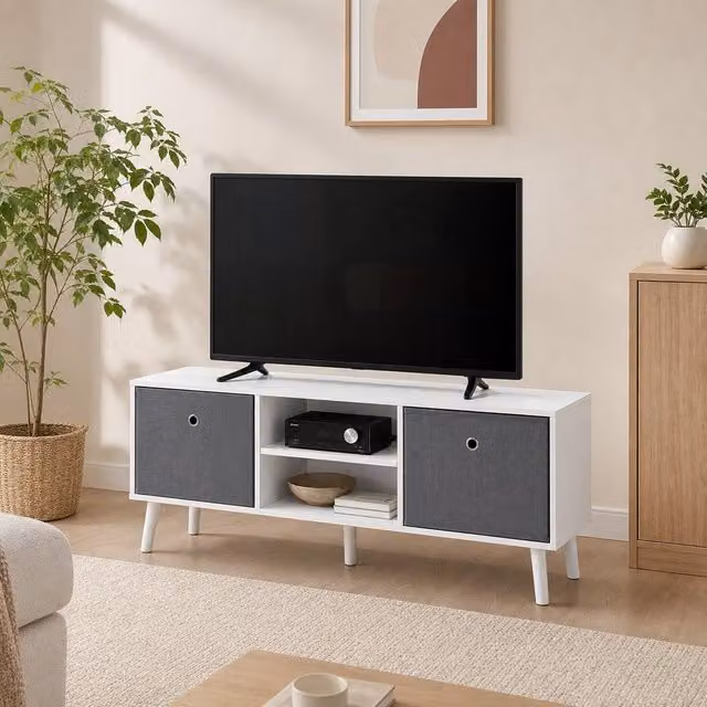 STILVORA White Wood TV Stand with Drawers and Shelves