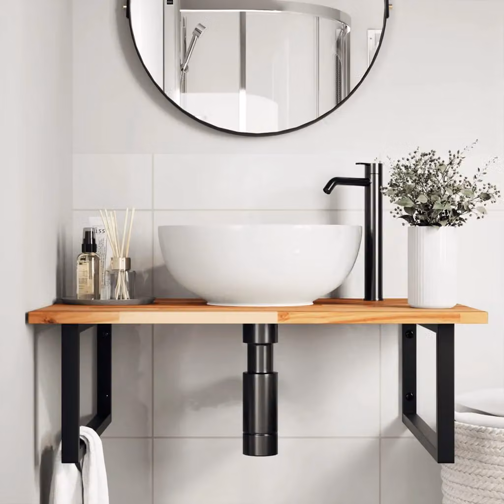 Berkfield Home Wall Mounted Basin Shelf in Brown Acacia Wood and Steel – 2