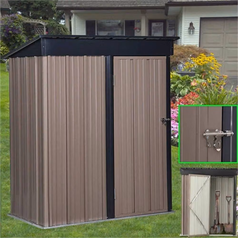 FLAVORA Brown Metal Pent Roof Outdoor Garden Tool Box with Double Doors – 4