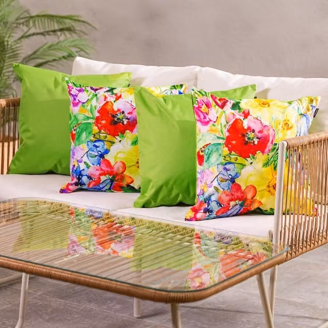 ICON 4-Pack Square Outdoor Cushions in Green with Painterly Floral and Plain Designs