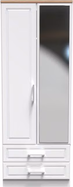 2 U Norfolk Ready Assembled Tall 2 Door Mirrored Wardrobe with 2 Drawers in White