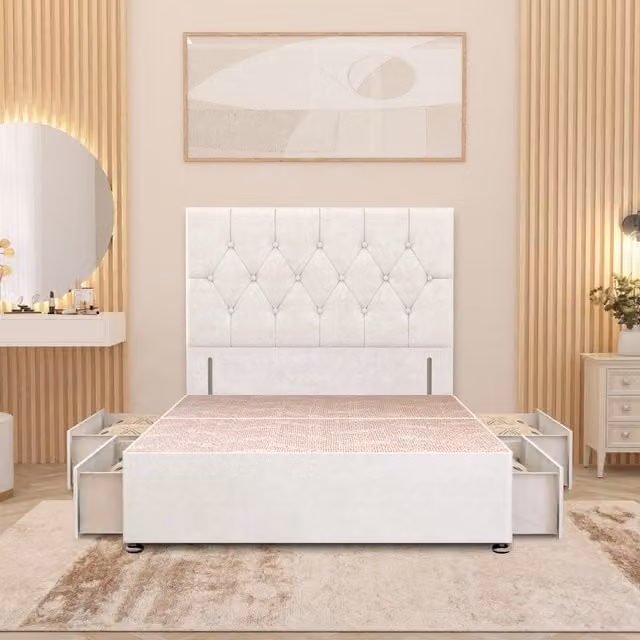 Somnior Beds Ltd Chesterfield Velvet Divan Bed Base with 4 Drawers and Floor Standing Headboard, White, W/D/H: 140 x 200 cm