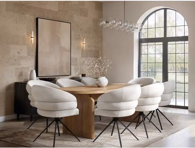 Solace+Co Varm Wooden Ribbed Dining Table and 8 Eira Chairs Set in Brown and Beige