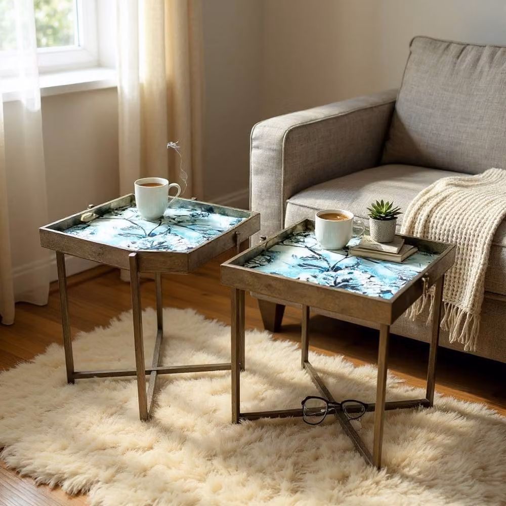 Minster Stylish Living Ltd Set of 2 Square Marble-Effect Tray Top Tables with Gold Metal Frames – 7