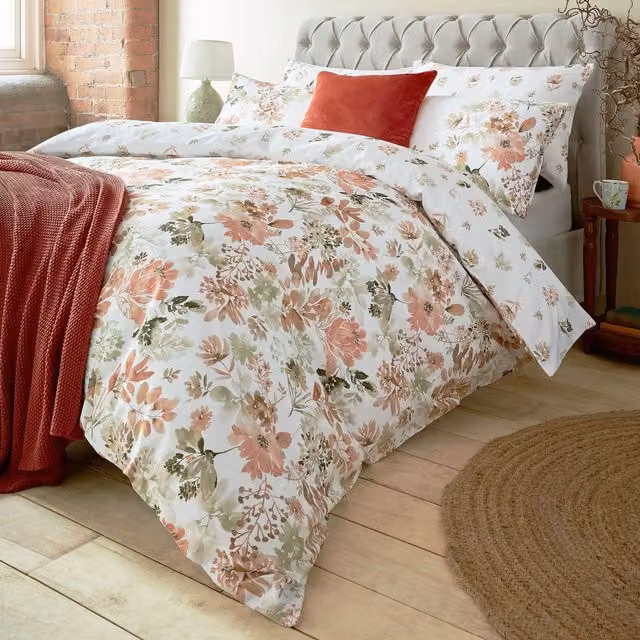 Laura Ashley Lewcombe Reversible Floral Mako Satin Cotton Duvet Cover and Pillowcase Set in Terracotta and Multicolour