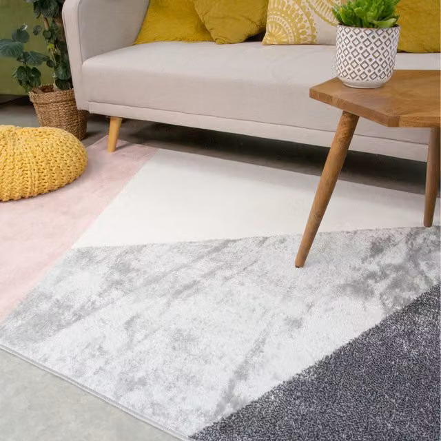 The Rug House Abstract Geometric Modern Area Rug in Pink and Grey, W: 110 cm, D: 60 cm