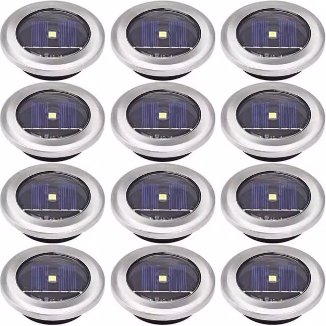 VOGREX 12 Pack Solar Powered LED Garden Decking Lights in Silver Stainless Steel – 1
