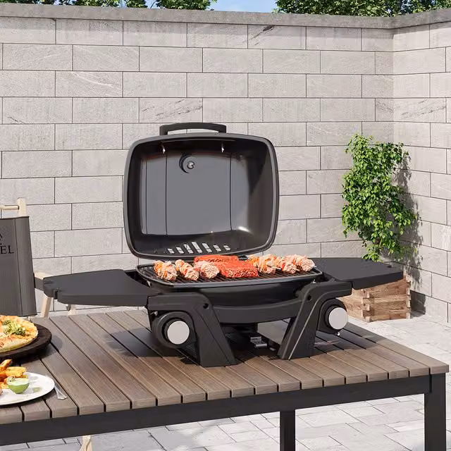 Breeins Black Portable Propane Gas Tabletop Grill with Side Tables