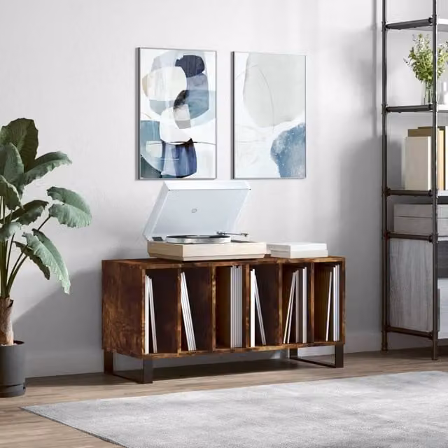 Berkfield Home Smoked Oak Record Cabinet in Brown, W/D/H: 100 x 38 x 48 cm – 1