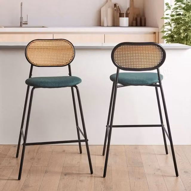 Wyld and Coco Viennese Bar Chairs Set of 2 with Black Metal Frame and Rattan Backrest – 1