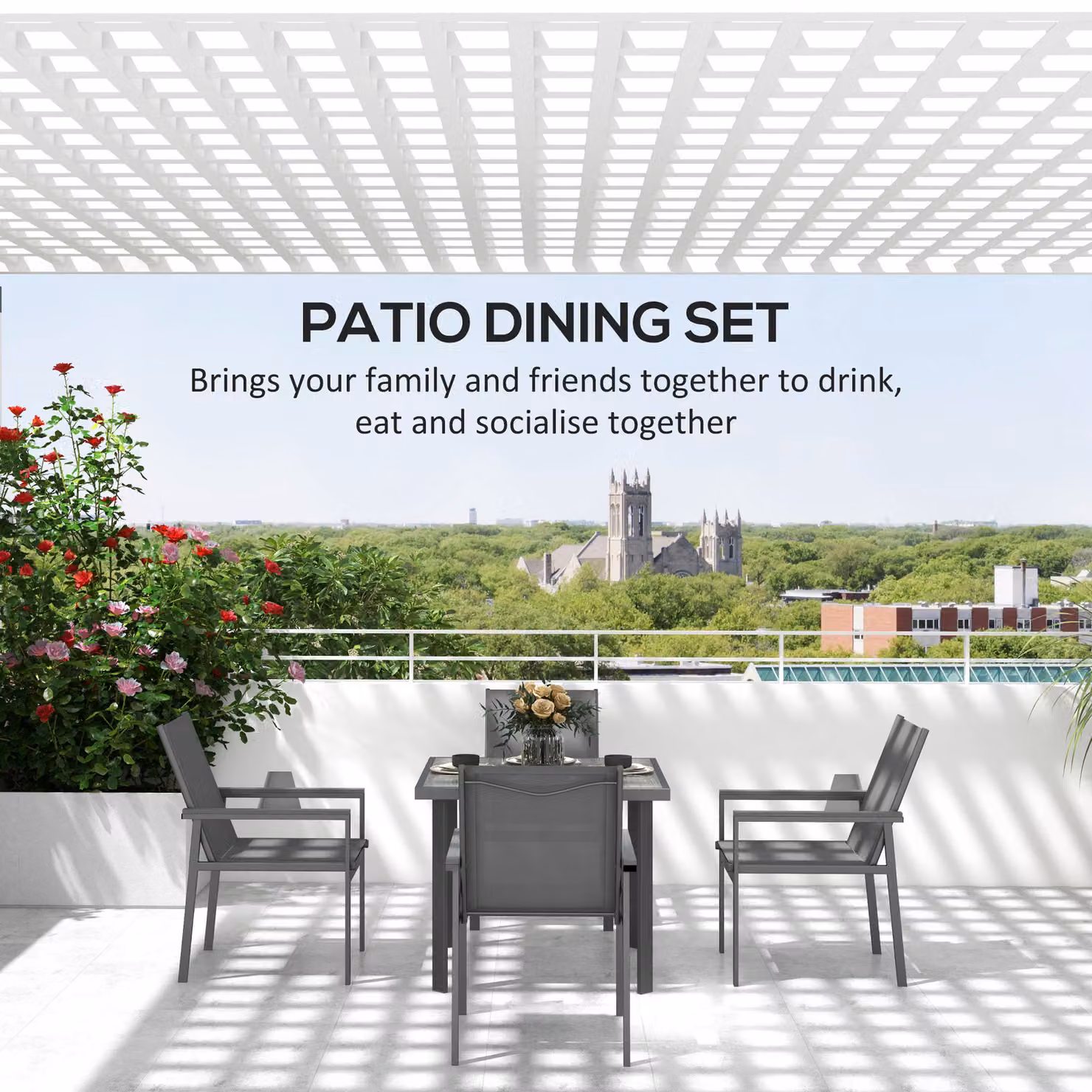 Outsunny 5 Piece Garden Dining Set in Grey with Glass Top Square Table and 4 Armchairs with Breathable Mesh Fabric Seats – 5