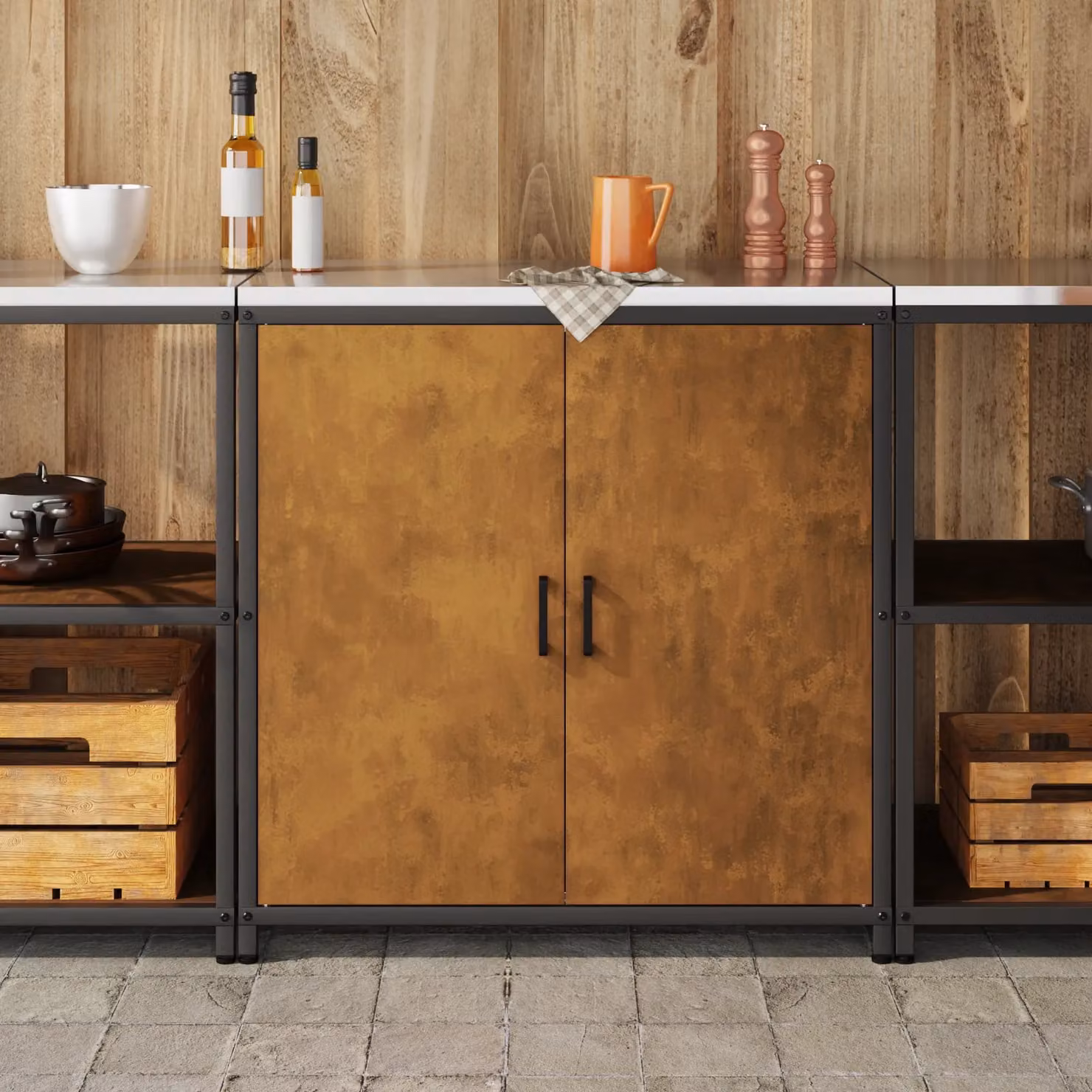 Berkfield Home Modern Kitchen Storage Cabinet in Brown Rusty Weathering Steel with Hinged Doors and Internal Shelves – 3