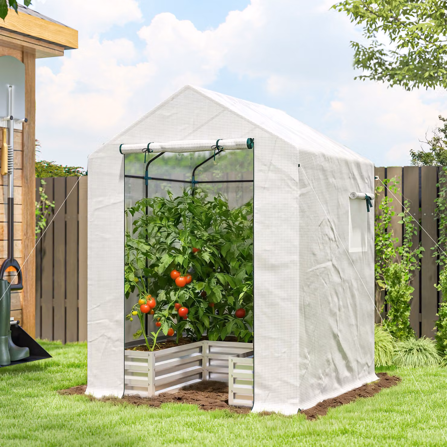 Outsunny Mini Walk-in Greenhouse with Raised Garden Bed and Roll Up Windows, White, W/D/H: 142.24 x 142.24 x 190.5 cm – 2