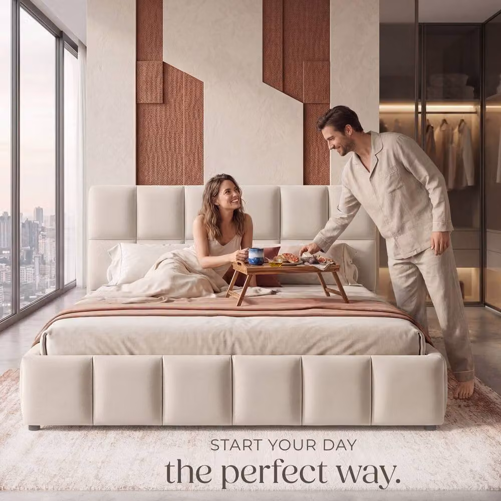 tectake Shirley Upholstered Bed with Slatted Frame and Lift Up Base in Sand, W/D/H: 140 x 200 x 93 cm – 6