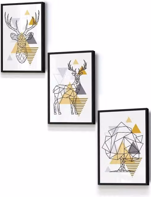 ARTZE Geometric Line Art Yellow Stags and Trees Framed Wall Art Set in Black, W: 33 cm, H: 45 cm, D: 2 cm