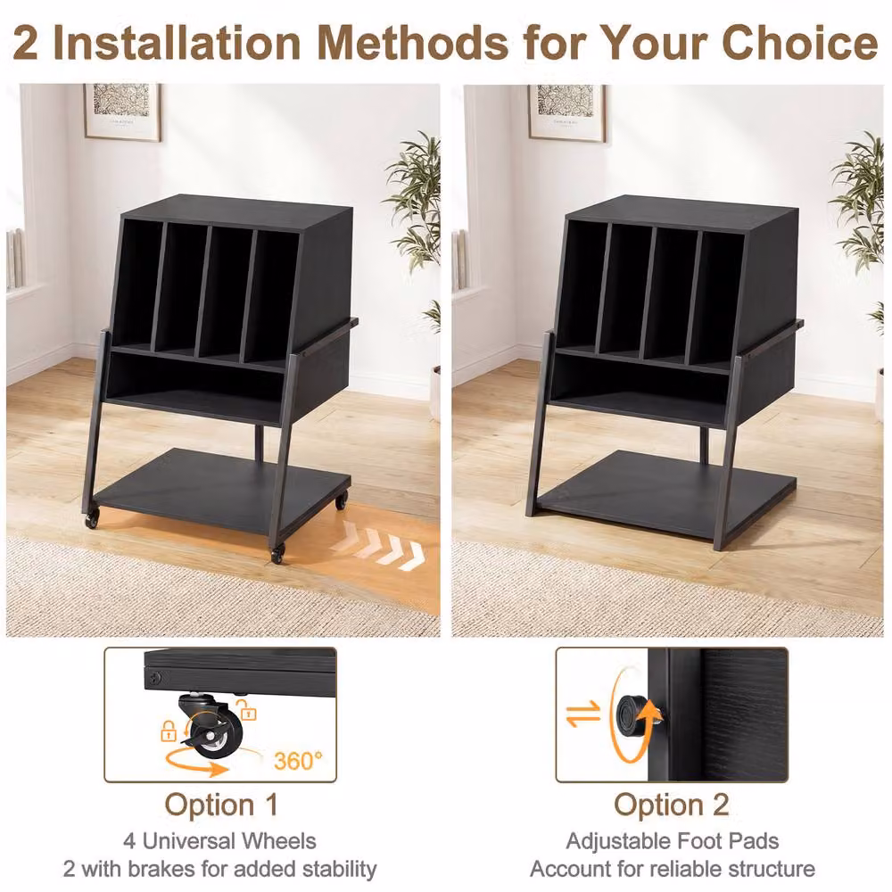 Costway Modern Black Record Player Stand with Charging Station and Vinyl Holder – 6