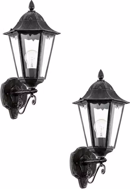 Loops 2 Pack IP44 Outdoor Wall Lanterns in Black and Silver Patina with Glass and Aluminium Construction, E27 60W Up Light – 1