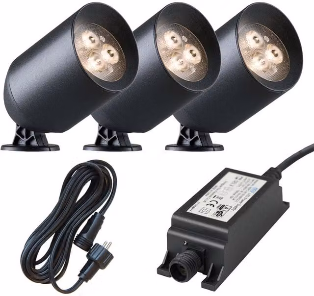Ludeco Stig Spotlight 12V 3 Light Kit in Black with Stainless Steel and Glass Cylinders