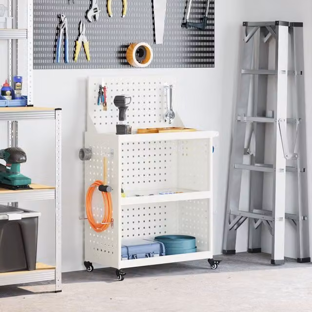 Berkfield Metal Tool Trolley with Shelf and Wheels in White, W/D/H: 65 x 35 x 111 cm – 1