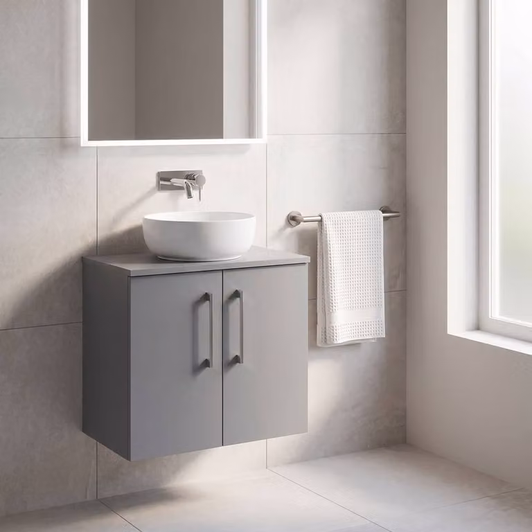 Balterley Level 600mm Wall Hung 2 Door Vanity Unit with Worktop in Matt Satin Grey
