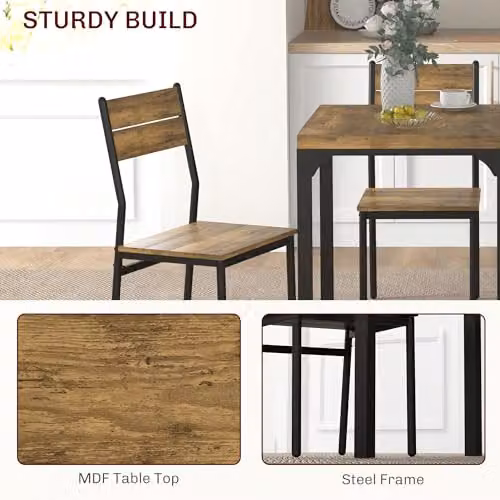 HOMCOM 3 Piece Industrial Dining Set with Square Table and 2 Chairs in Brown – 3