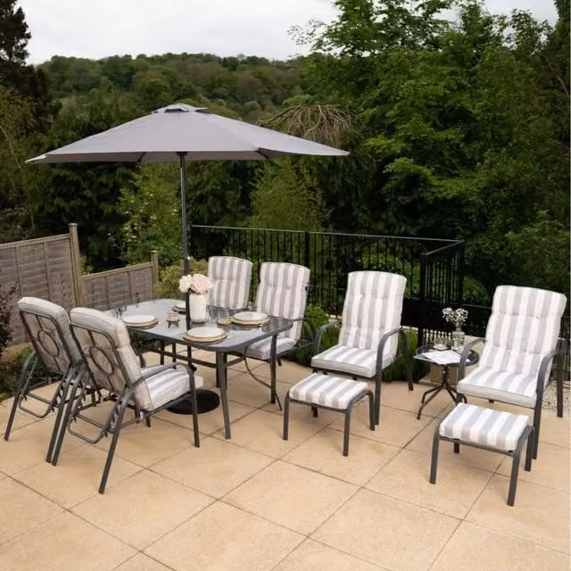 Hectare Grey Striped Metal Reclining Garden Leisure and Dining Furniture Set