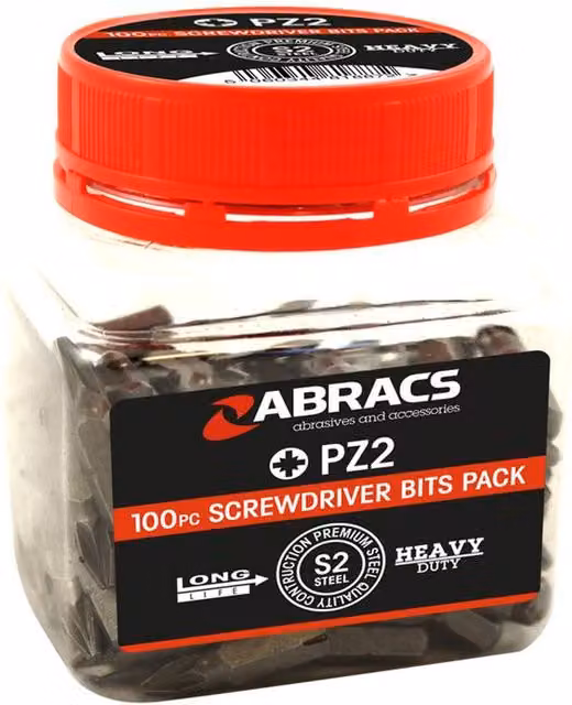 Abracs 100-Piece PZ2 Steel Screwdriver Bits in Silver, 25mm