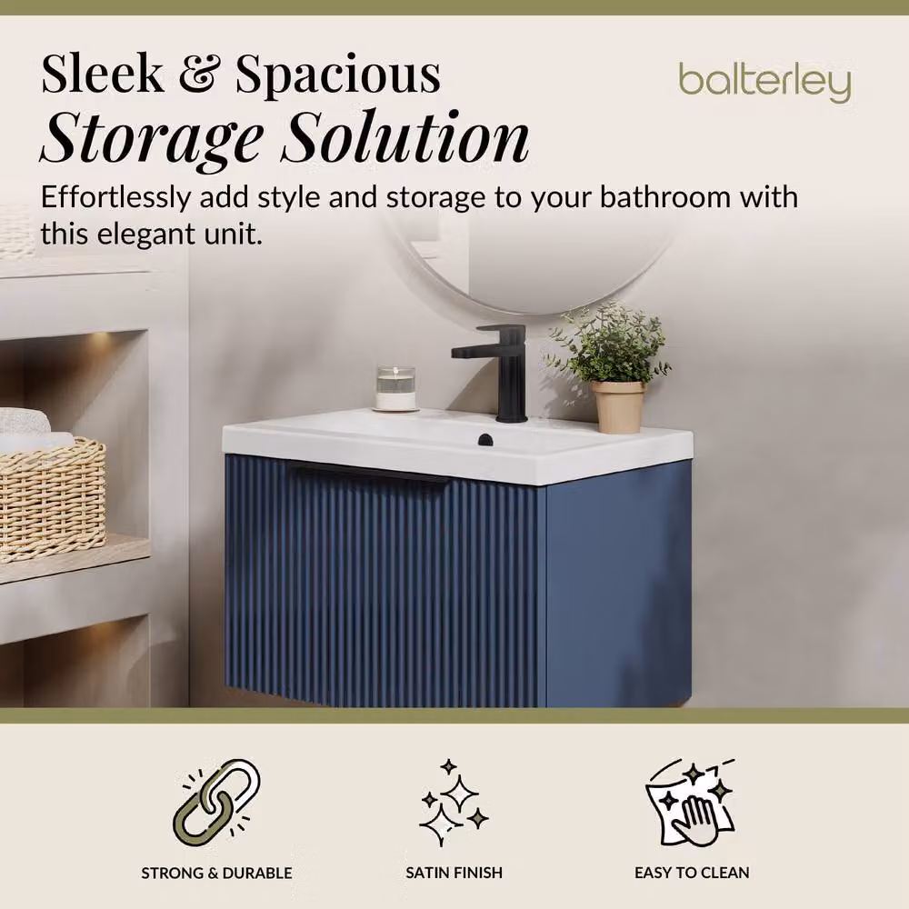 Balterley Fluted Front Wall Hung 1 Drawer Vanity Basin Unit, Satin Blue, W: 60 cm – 2