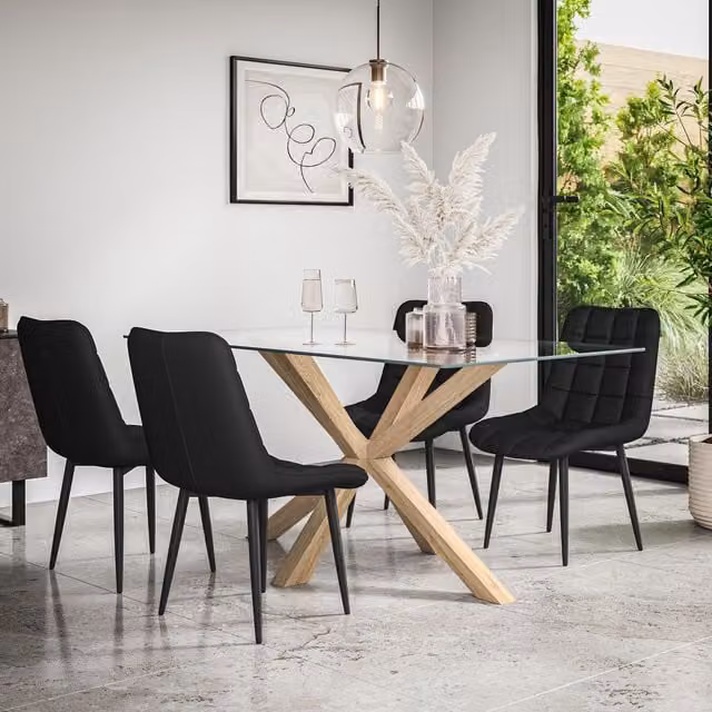 More4Homes Etta Glass Dining Table and 6 Nova Black Faux Leather Chairs Set with Solid Oak Legs – 1