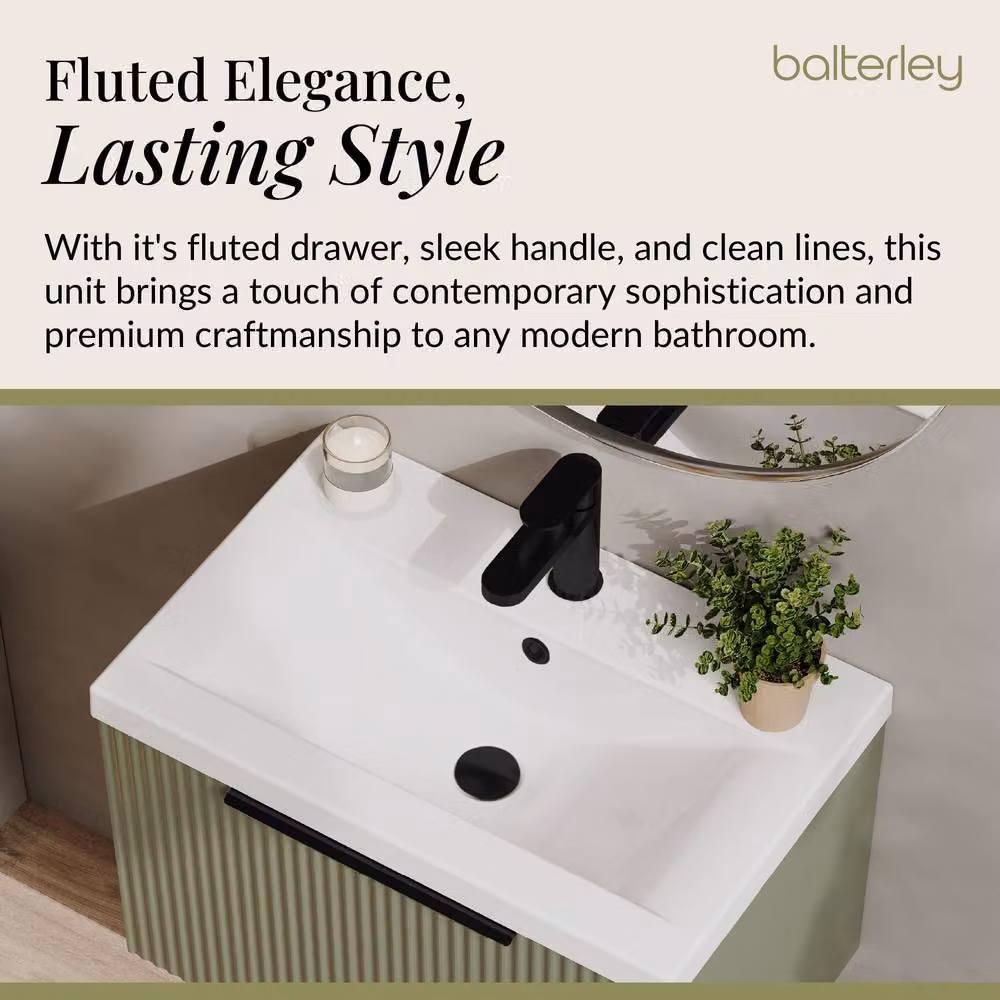 Balterley Fluted Front Wall Hung 1 Drawer Vanity Basin Unit, Satin Green, W: 60 cm, D: 39.9 cm, H: 60 cm – 2