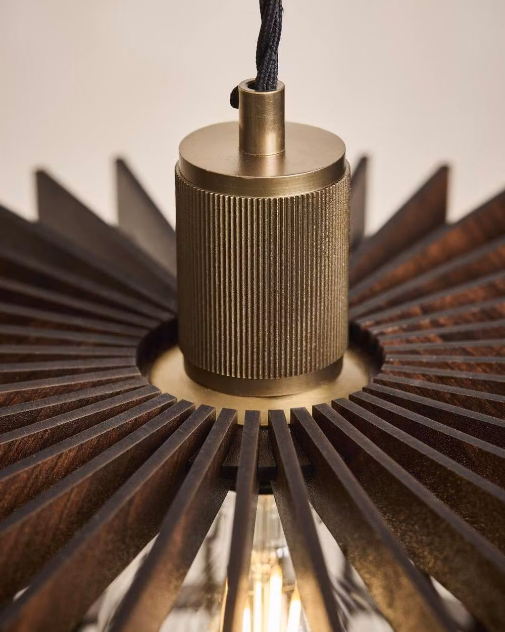 Industville Rift Slatted Wooden Drum Pendant Light in Gold and Black – 3