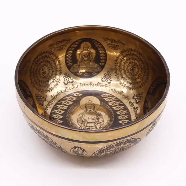 KDMK Gold Tibetan Healing Engraved Bowl with 5 Buddhas, Diameter: 21 cm