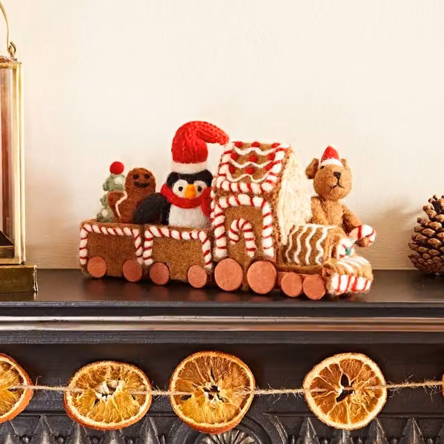 Paper High Gingerbread Christmas Train Tabletop Decoration in Brown and Red – 1