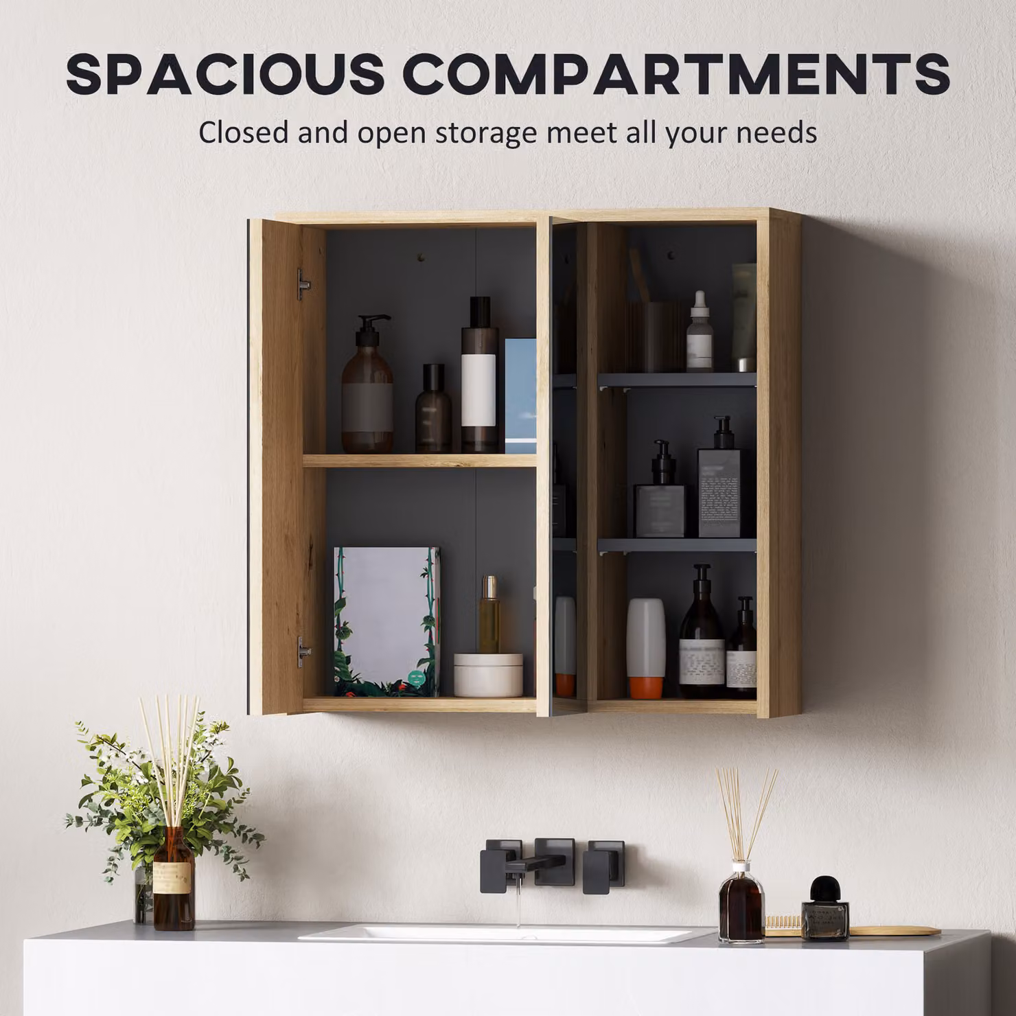HOMCOM Modern Wall-Mounted Five-Shelf Mirrored Bathroom Cabinet in Brown Wood-Effect – 4