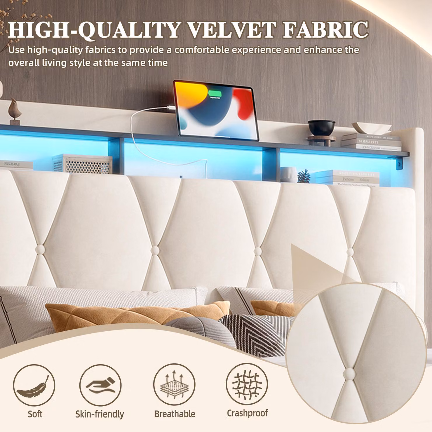 Aosom UK Beige Upholstered Hydraulic Platform Bed with Headboard Shelf and USB Charging Port, H 116.5 x W 221 x D 158 cm – 6