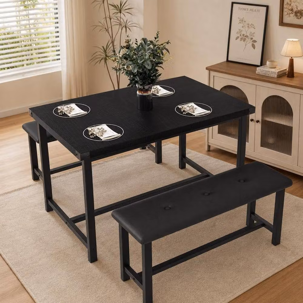 London Boutique 3-Piece Dining Set with Rectangular Table and 2 Upholstered Benches in Black, W/D/H: 136 x 70 x 75 cm – 6