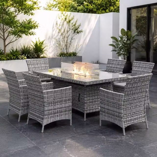 STILVORA 6-Seater Grey Garden Dining Set with Fire Pit, Rattan and Metal Construction – 1