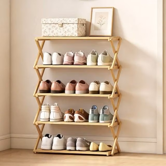 ERGOVEXA Five-Tier Folding Bamboo Shoe Rack in Natural Finish
