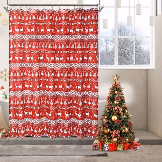 London Boutique Festive Christmas Waterproof Red and White Polyester Shower Curtain, W: 183 cm, H: 183 cm – 1