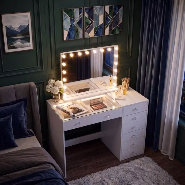 FENCHILIN 8-Drawer White Dressing Table with 18 LED Hollywood Mirror – 1