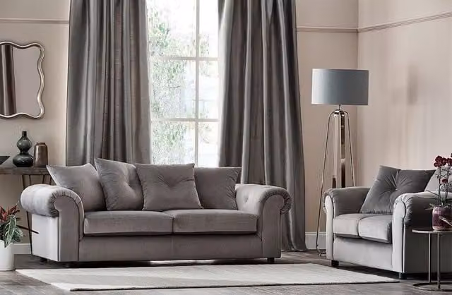 Furnishings For Less UK Derby Grey Fabric 3 Seater Sofa with Scatter Back and Scroll Arms