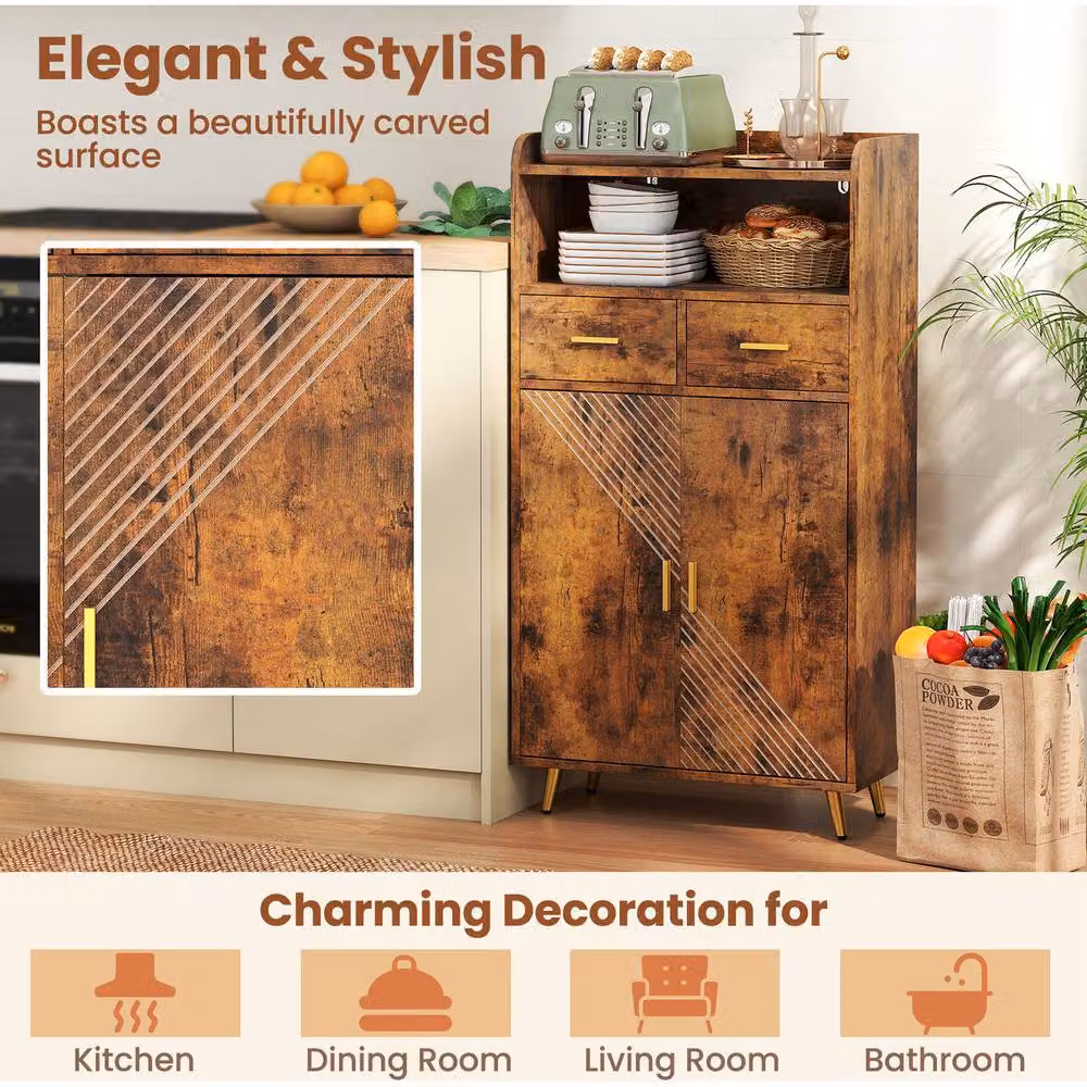 Costway Kitchen Pantry Storage Hutch Cupboard in Brown with Hinged Doors and Internal Shelves – 7