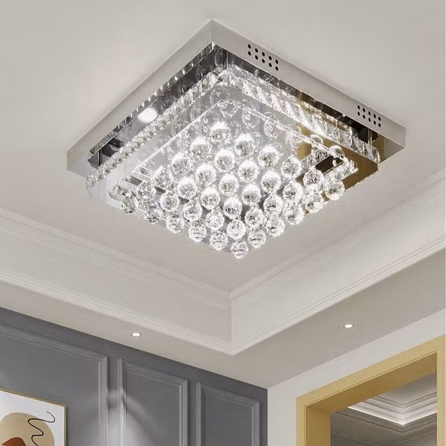 Komore Luxury Crystal LED Flush Mounted Square Ceiling Light in White and Chrome