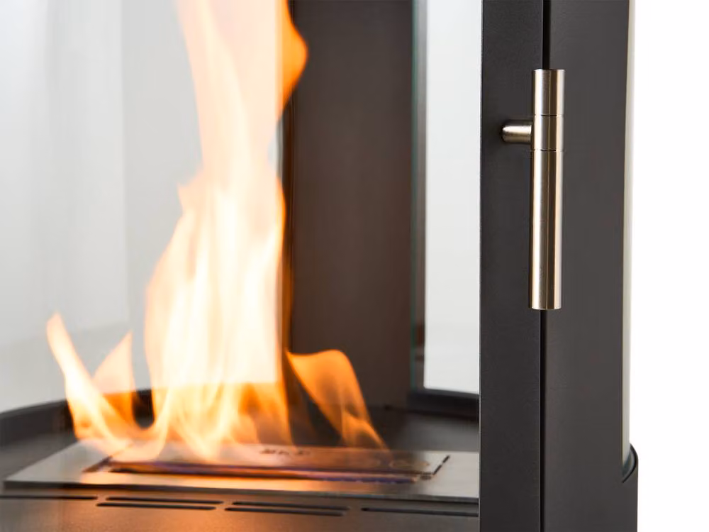 OKO S7 Bio Ethanol Panoramic Stove with Log Storage and Angled Metal Pipe in Dark Grey – 5