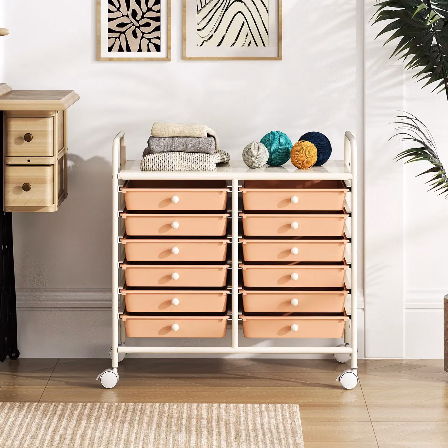 Gymax 12-Drawer Multi-Purpose Utility Storage Rolling Cart with Handles in Peach – 3