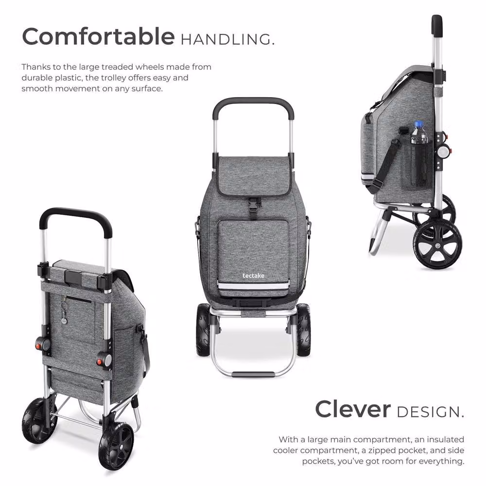 tectake 3-in-1 Foldable Shopping Trolley with Cooler Bag in Grey – 3