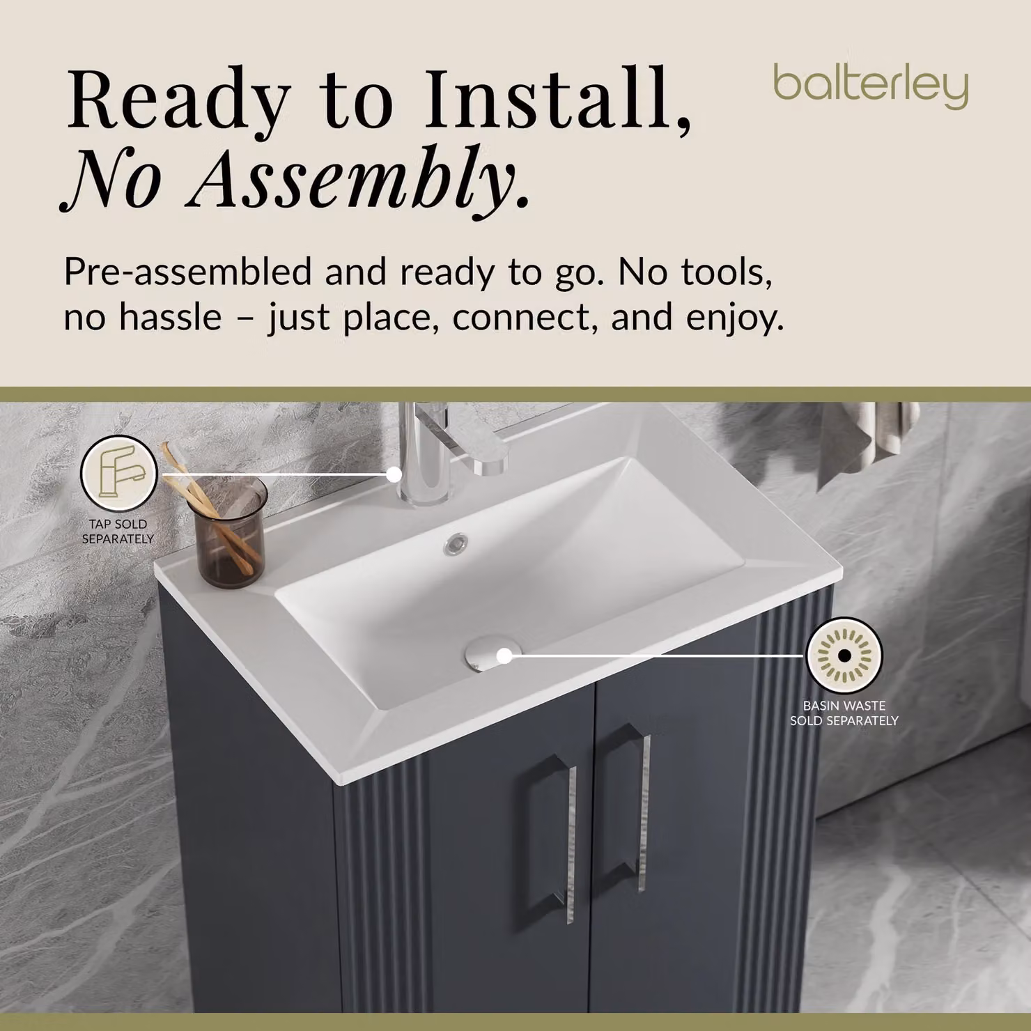 Balterley Grey Floor Standing Bathroom Vanity Unit with Rectangular Basin and Soft Close 2 Doors – 4