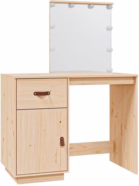 Berkfield Home Hollywood LED Dressing Table in Natural Solid Pine, W: 95 cm, D: 50 cm, H: 133.5 cm