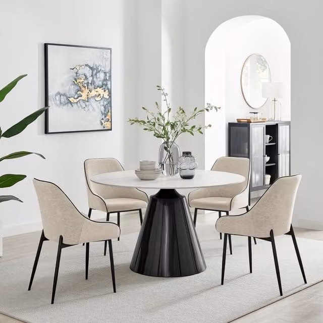 FurnitureboxUK Nina Round Ceramic Dining Table with 4 Cream Beaumont Chairs
