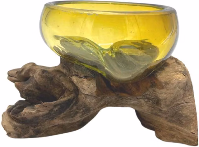 KDMD Molton Round Mini Glass and Wood Bowl in Brown and Yellow